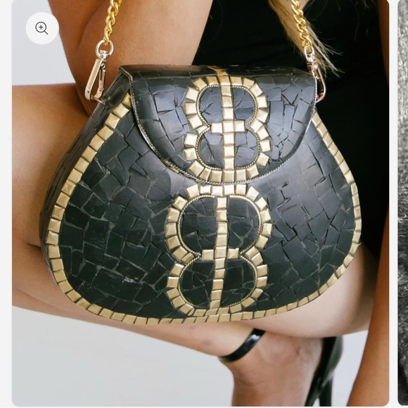 Ramla Designer Black & Gold Mosaic Chain Shoulder Bag - Picture 2 of 7